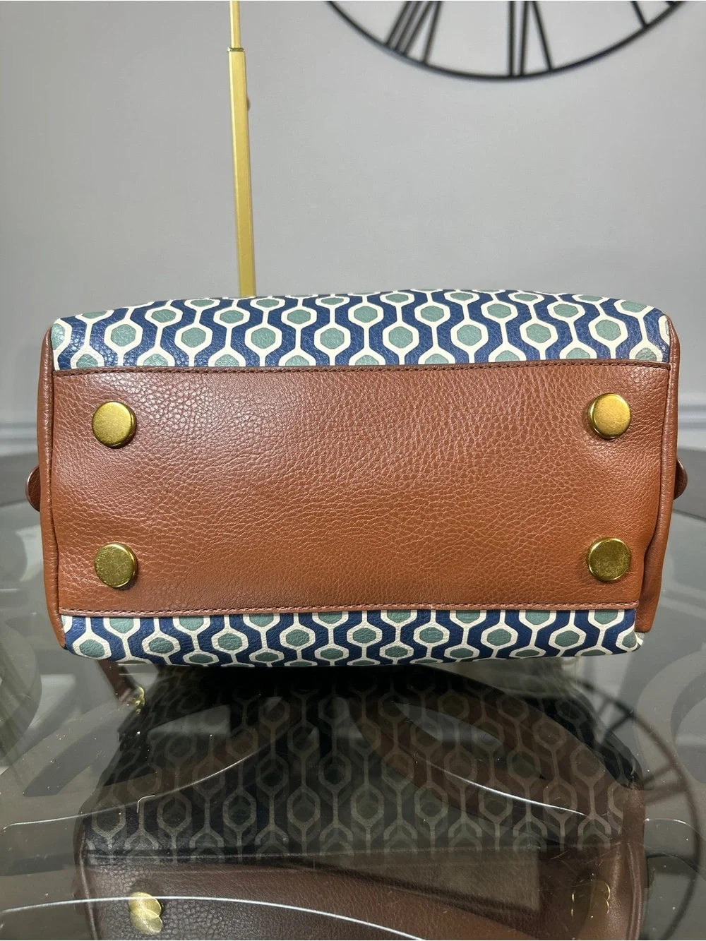 Fossil Geometric Print Satchel Shoulder Bag Blue Teal Coated Canvas Brown